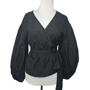 MK Michael Kors Black Poplin Cotton Puff Sleeve Wrap Top Large L